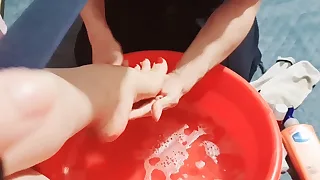 Watch My Cuckold Husband Clean My Feet and Make Me Ready to Meet My Lover