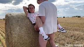 Petite teen enjoys outdoor anal action on haystack