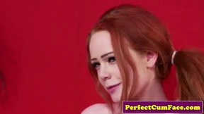 Aroused English redhead performs fellatio and receives a facial