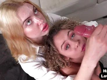 Two young girls with their hard-ons are fucked by a guy’s cock in POV style